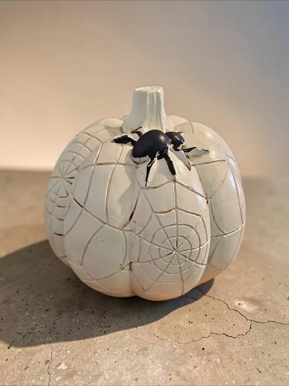 Spooky Pumpkin Décor – White Pumpkin with Spider & Web Carvings – Halloween